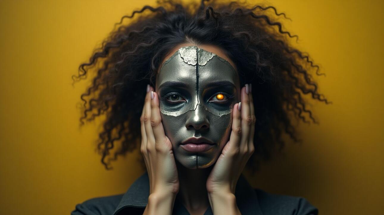 Mulher com máscara metálica futurista e um olho brilhante, simbolizando a luta entre identidade própria e influência externa.