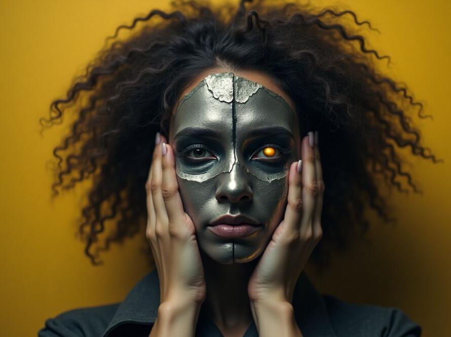 Mulher com máscara metálica futurista e um olho brilhante, simbolizando a luta entre identidade própria e influência externa.