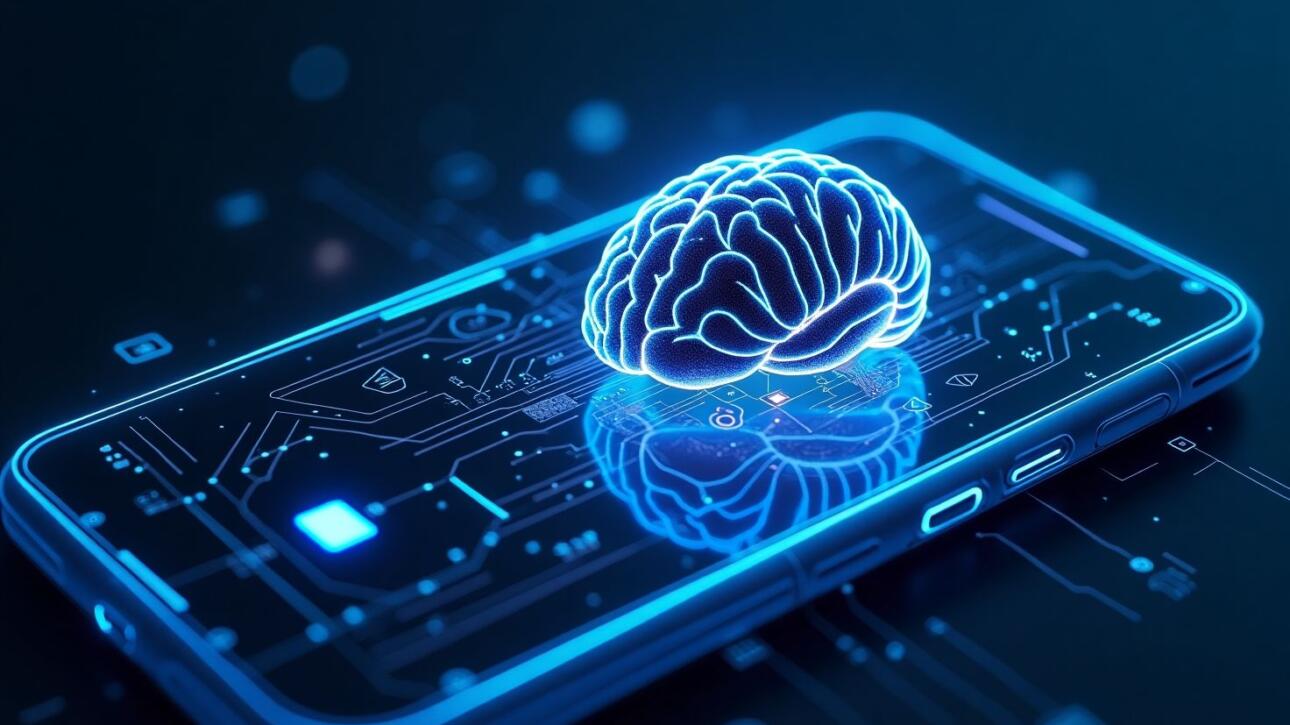 Ilustração de um cérebro digital brilhante flutuando sobre um smartphone, representando inteligência artificial e tecnologia móvel.