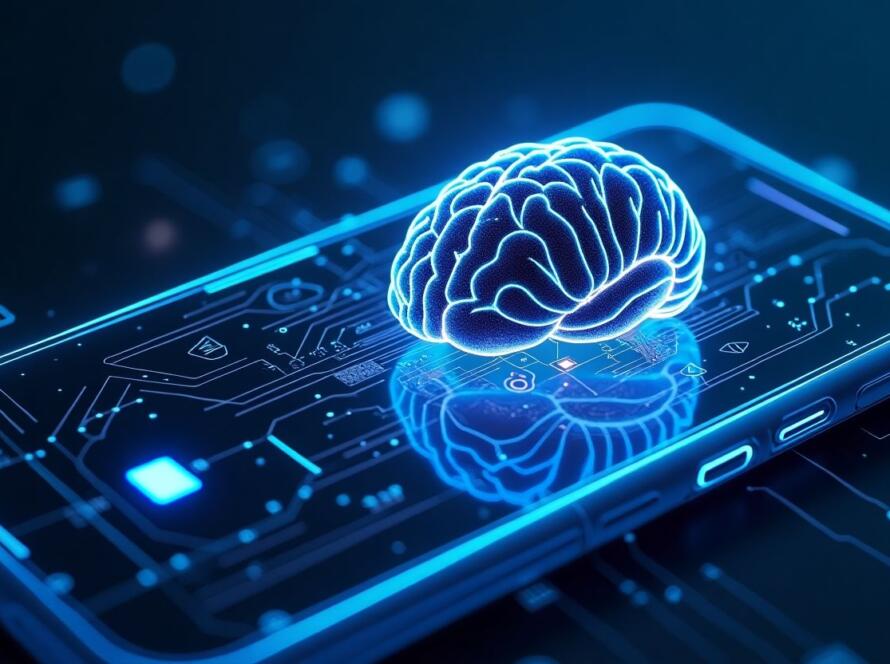 Ilustração de um cérebro digital brilhante flutuando sobre um smartphone, representando inteligência artificial e tecnologia móvel.