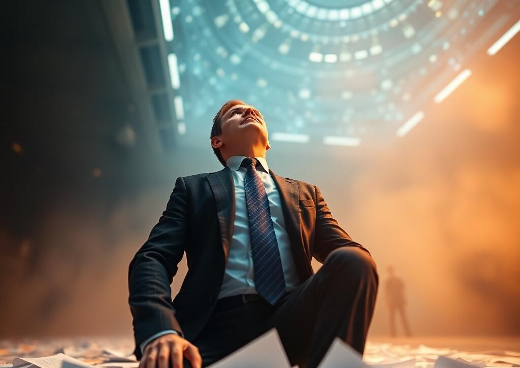 Homem de terno sentado no chão, cercado por papéis, olhando para cima em direção a uma estrutura futurista iluminada, representando a transição para a era da inteligência artificial.