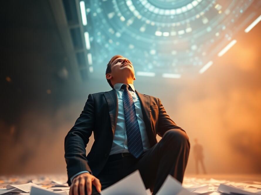 Homem de terno sentado no chão, cercado por papéis, olhando para cima em direção a uma estrutura futurista iluminada, representando a transição para a era da inteligência artificial.