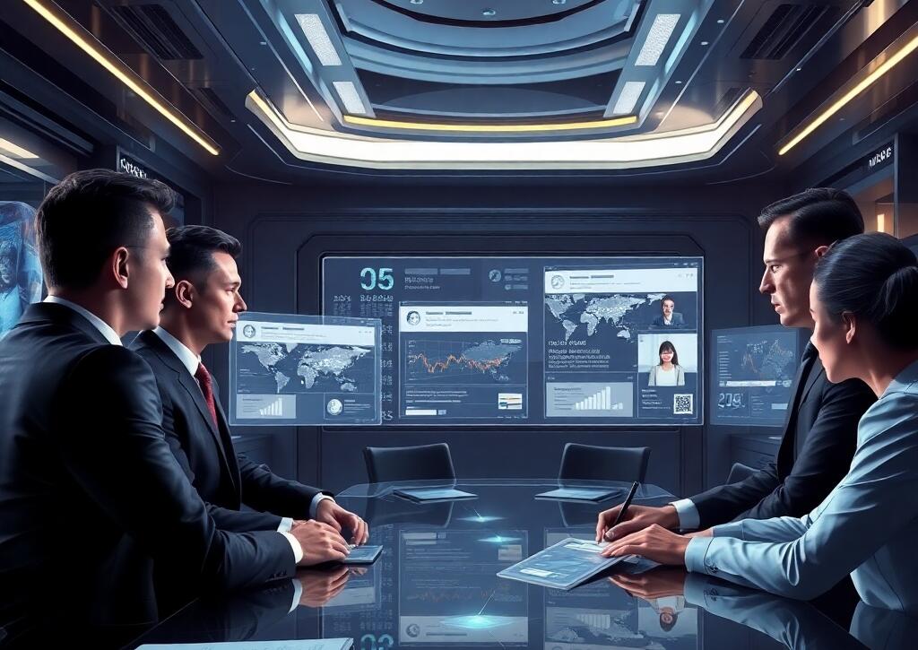 Executivos em uma sala de reunião futurista analisando painéis digitais com gráficos e dados estratégicos.