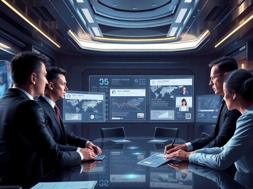 Executivos em uma sala de reunião futurista analisando painéis digitais com gráficos e dados estratégicos.