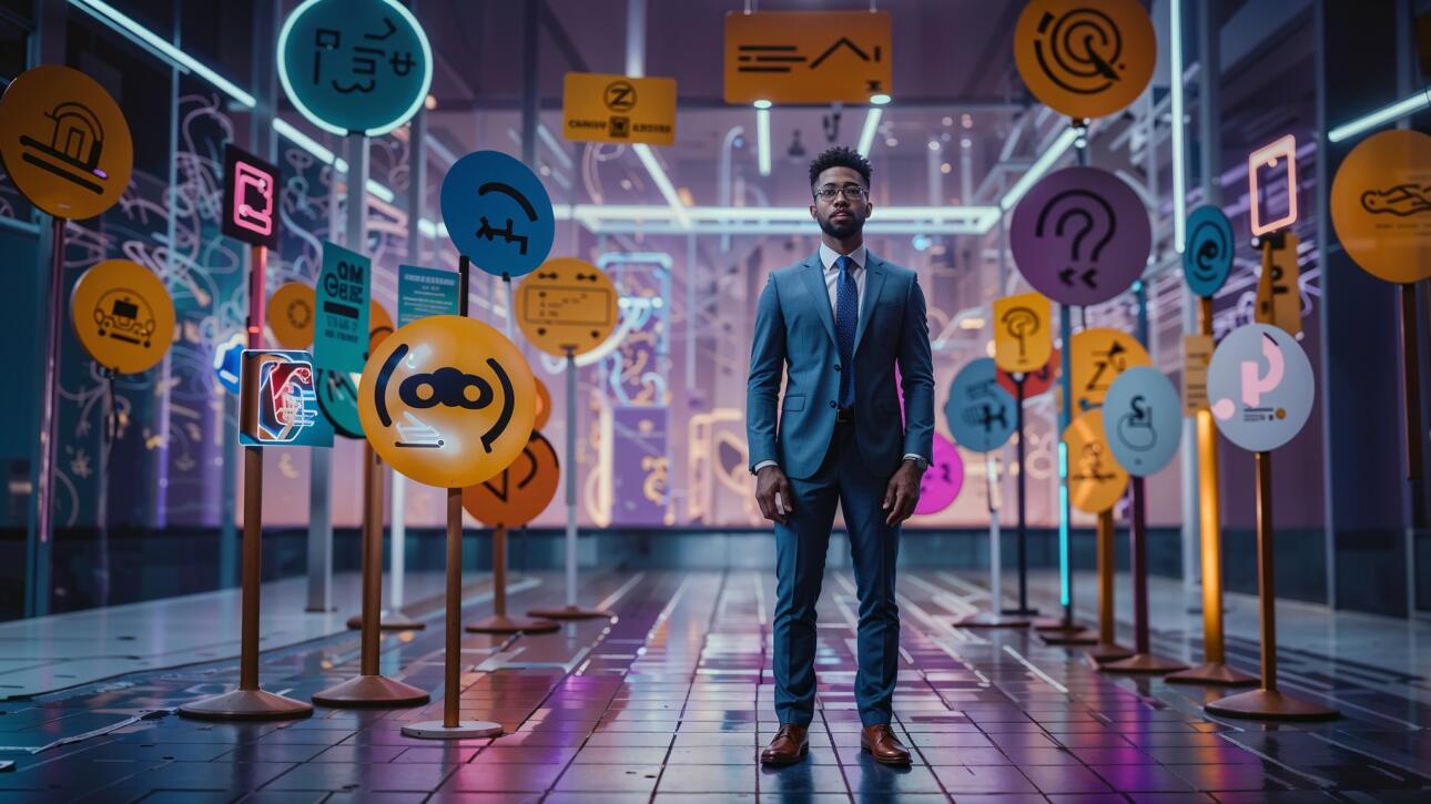 Homem de terno em um ambiente futurista com placas coloridas contendo ícones e símbolos de marketing digital.