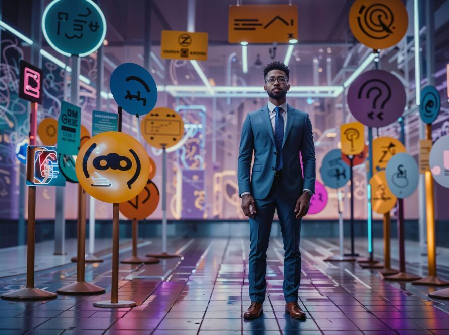 Homem de terno em um ambiente futurista com placas coloridas contendo ícones e símbolos de marketing digital.