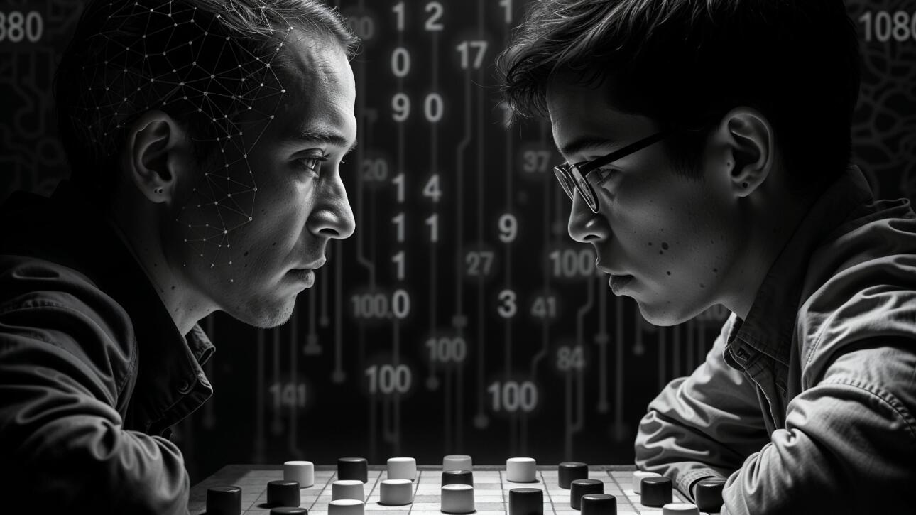 Dois jogadores focados em uma partida de GO, com elementos digitais e algoritmos ao fundo, simbolizando a conexão entre estratégia e inteligência artificial.