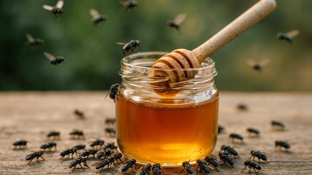 Moscas ao redor de um pote de mel com colher de madeira sobre uma mesa de madeira.