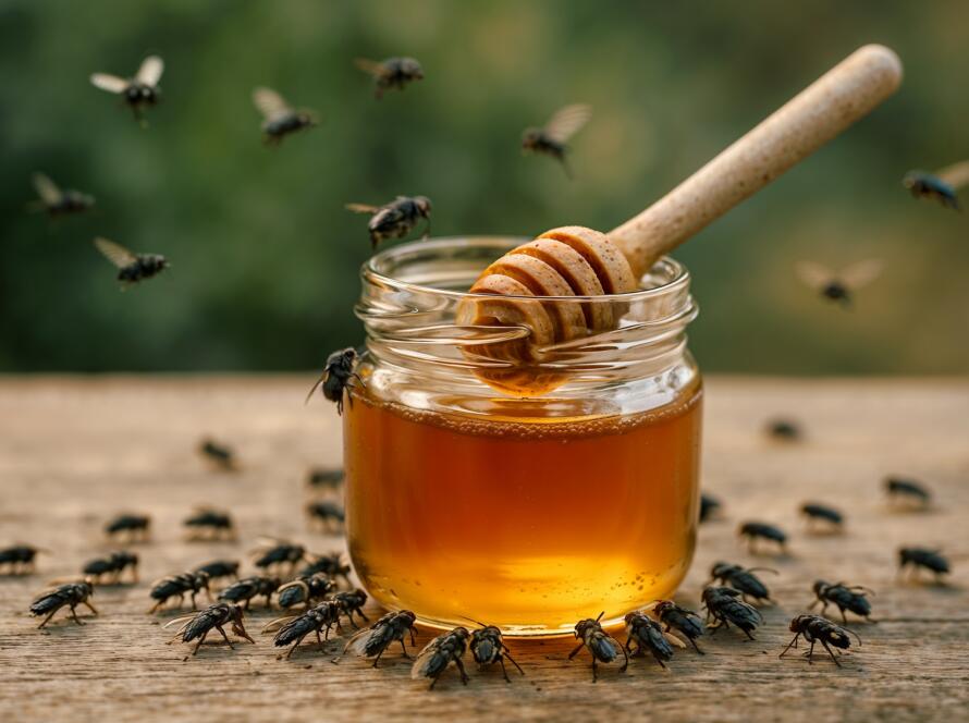 Moscas ao redor de um pote de mel com colher de madeira sobre uma mesa de madeira.