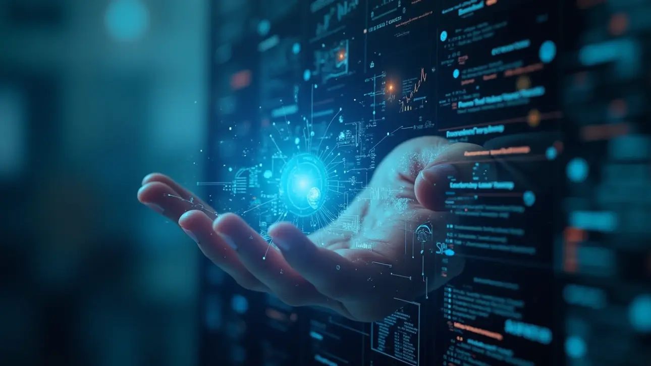 Mão humana segurando uma representação digital de dados e gráficos flutuantes em ambiente tecnológico.