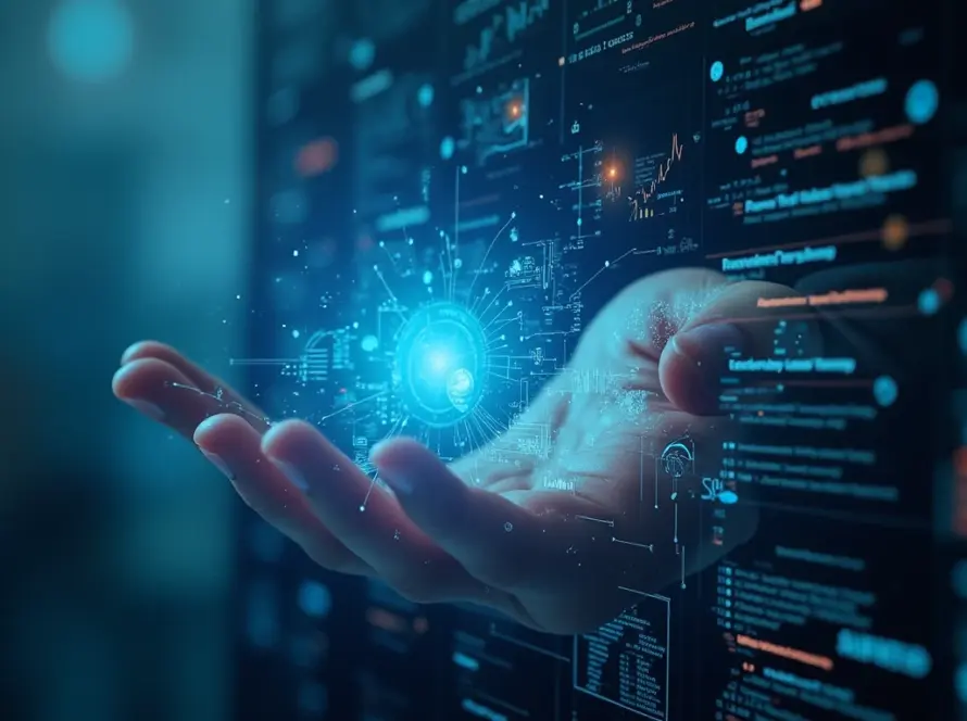 Mão humana segurando uma representação digital de dados e gráficos flutuantes em ambiente tecnológico.