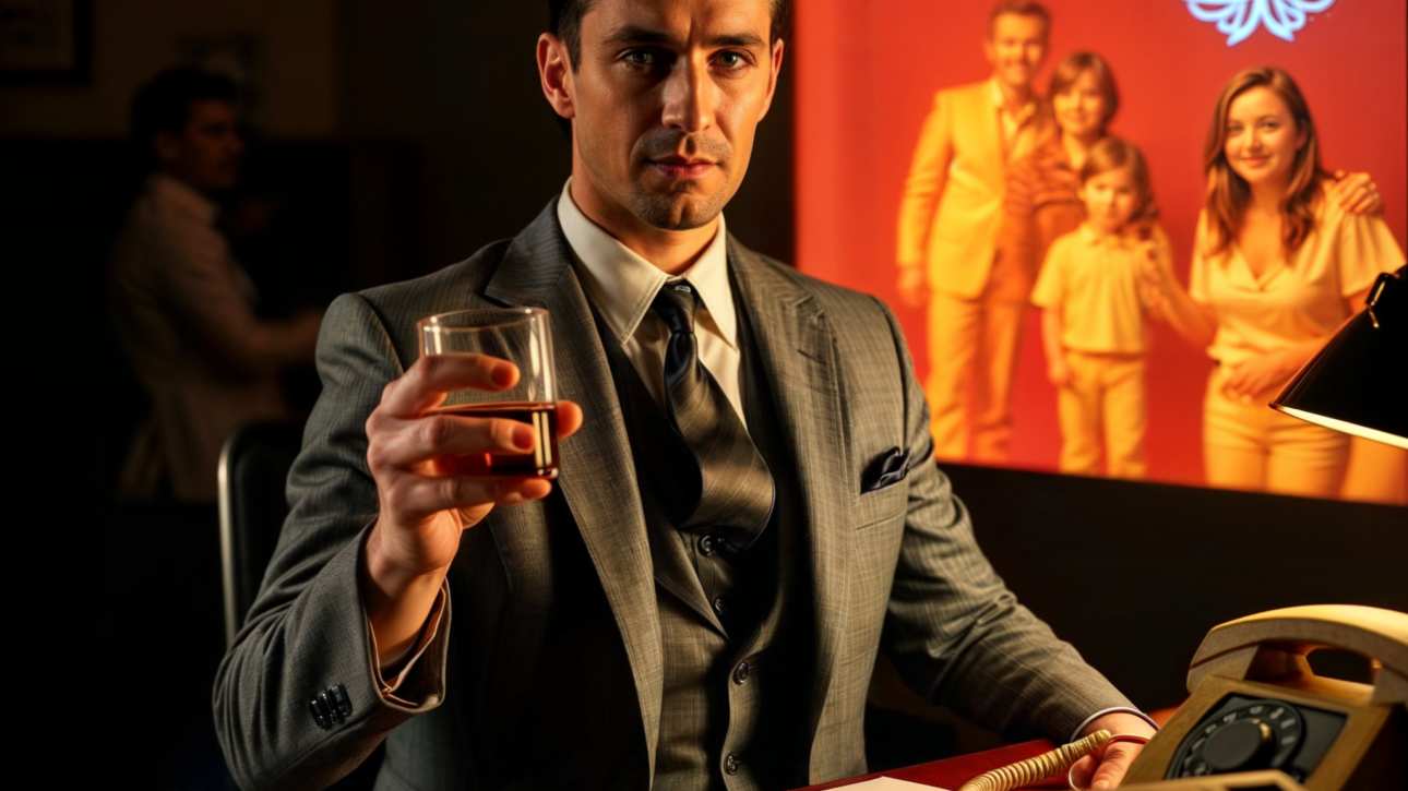 Homem elegante em estilo anos 60 segurando um copo de uísque, com cigarros sobre a mesa e uma imagem de família projetada ao fundo, representando o uso emocional do neuromarketing na publicidade.