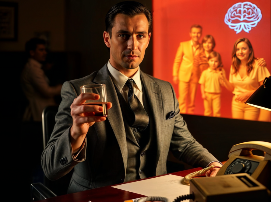 Homem elegante em estilo anos 60 segurando um copo de uísque, com cigarros sobre a mesa e uma imagem de família projetada ao fundo, representando o uso emocional do neuromarketing na publicidade.