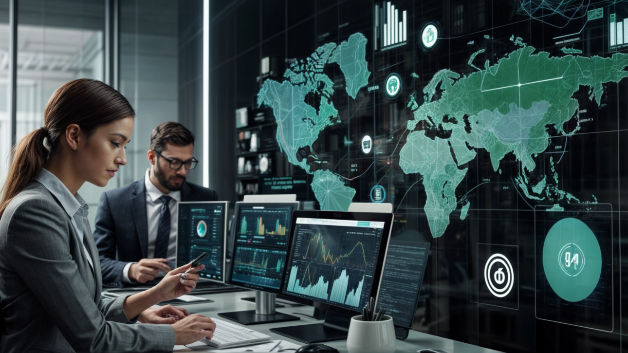 Profissionais de marketing analisando dados em computadores com gráficos e mapas globais em ambiente corporativo de alta tecnologia.