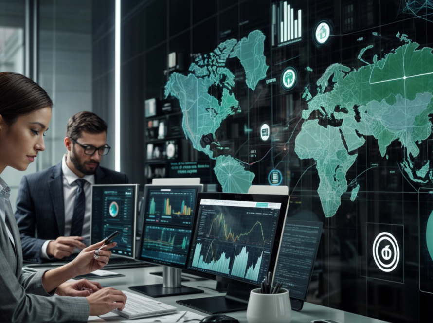 Profissionais de marketing analisando dados em computadores com gráficos e mapas globais em ambiente corporativo de alta tecnologia.