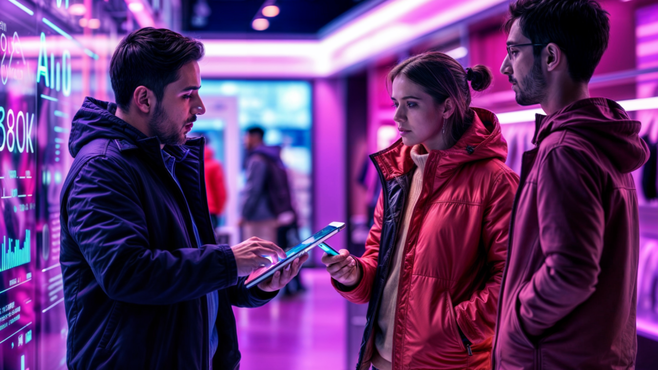 Equipe analisando dados de vendas em ambiente tecnológico com luzes neon, usando tablet e telas com gráficos de inteligência artificial.