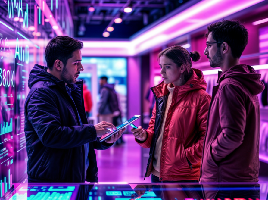 Equipe analisando dados de vendas em ambiente tecnológico com luzes neon, usando tablet e telas com gráficos de inteligência artificial.